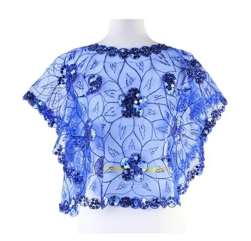 Cobalt Blue Mesh Caped Floral Print Top with Sequins And Beading
