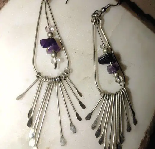 Long Vintage Silver Dangle Earrings Purple Amethyst Pearl Beads Fringe