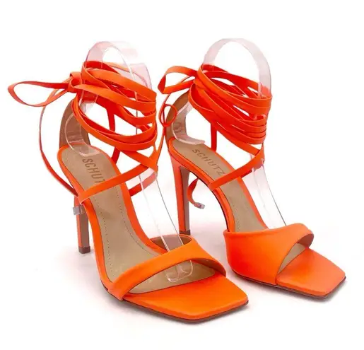 Schutz NEW Bryce Leather Stiletto Sandals Acid Orange Lace-Up Sandals Size 6.5