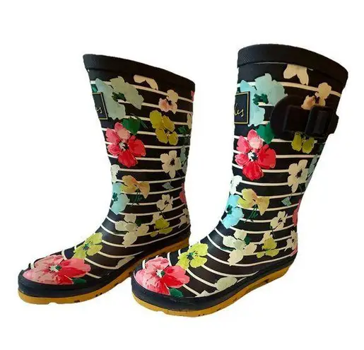 Joules Rain Boots Mid Calf Molly Welly Stripe Floral Size US: 8 UK: 6 Blue