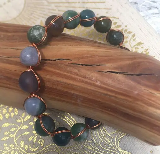 New Handcrafted Indian Agate Gemstone Bead Copper Wire Wrapped Bracelet Silver
