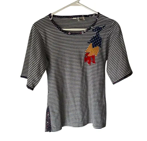 Vintage 70s You Babes Striped Cotton Tee M Floral Bow Appliqué USA Cottagecore Blue Size M