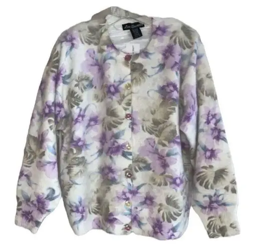 Lee Sands Women’s Orchid Monstera Print Angora Crew Neck Cardigan Size 1X NWT