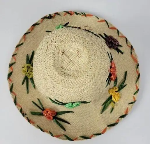 Raffia Floral Embellished Flat Brim Summer Sun Hat Cream Straw Multicolor