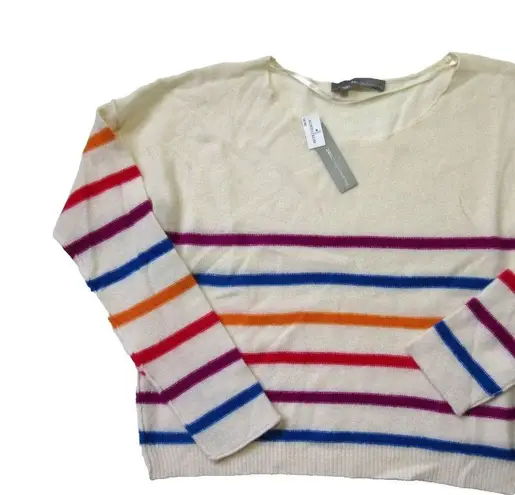 360 Cashmere NWT  Ivory Rainbow Striped Relaxed Fit Cashmere Boatneck Sweater M