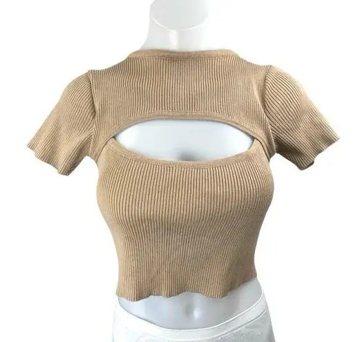 Cider Womens Brown Tan Rib Knit Cutout Short Sleeve High Neck Crop Sweater Top S