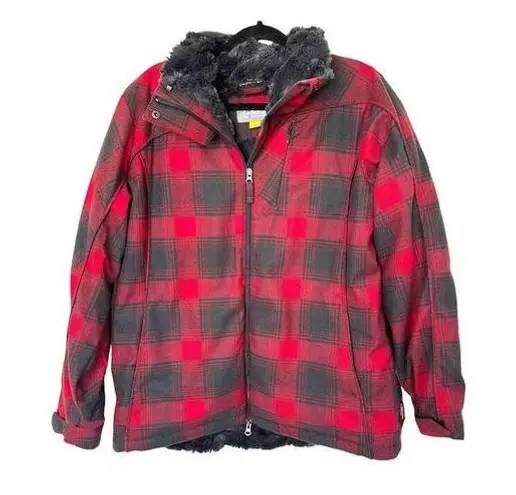 Cabela's Red Grey Plaid Coat Womens Size XL Wool Primaloft Full Zip Fleece Lined