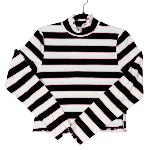 Juicy Couture Black White Pink Stripe Lettuce Hem Mock Neck Top L Size L