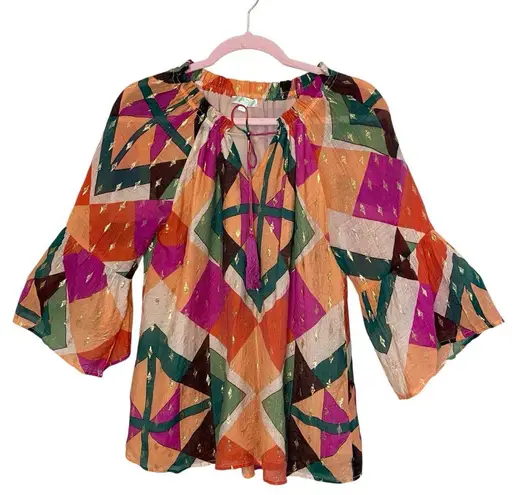 JADE By Melody Tam Bell Sleeve Geometric Print Blouse, Small Orange