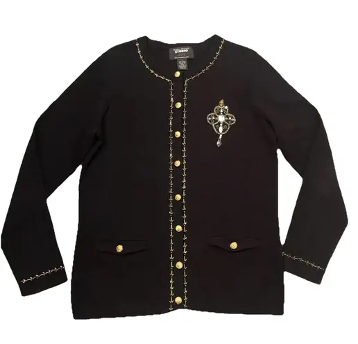 VTG 80's Studio Joy Women's Black Cardigan Beaded Jewel Trim Gold Buttons Size S