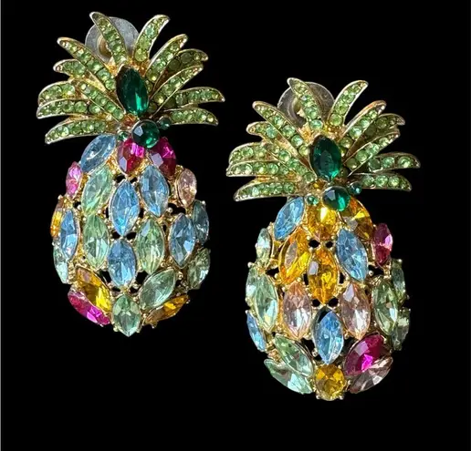 Pineapple Crystal Drop Dangle Earrings Boho Rhinestones Gold