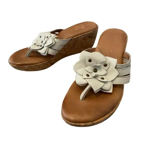 Born Miko Leather Flower Wedge Cork Sandals Platform Flip Flops Floral Summer Co Tan Size 9
