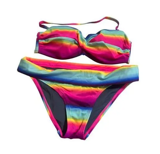 Victoria's Secret  Rainbow Stripe Bikini Swimsuit Bathing Suit Bottom Sz S Top 34C