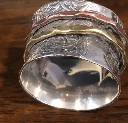 Sterling Silver Tricolor Engraved Spinner Ring