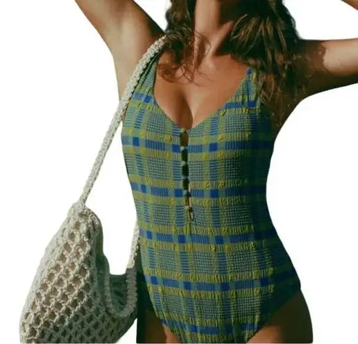 ANDIE Milos One Piece Plaid Green Yellow Blue Buttons Swimwear Size XS New