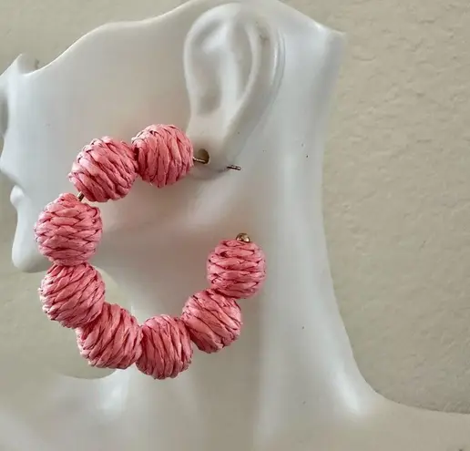 Boho Raffia Pink Open Hoop Earrings