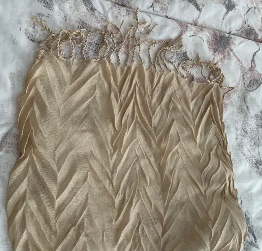 Beige Pleated Textured Acrylic Semi Sheer Scarf with Fringe Trim, size 69”x15” Tan