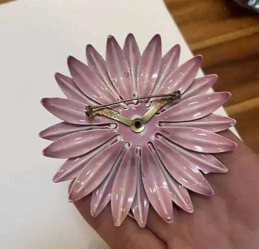 Large Vintage Statement Enameled Metal Flower Brooch Pin Pink Enamel