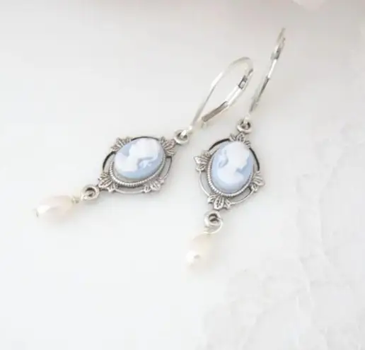 NEW BlingBaddaBoom Blue Cameo Earrings and Choker Set Pearl Regal Bridal Silver