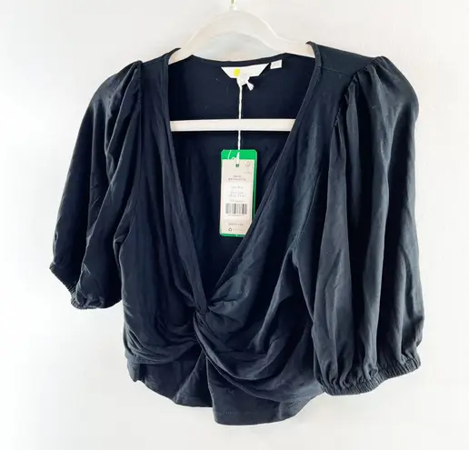 Boden V Neck Twist Front Jersey Short Puff Sleeve Crop Top Shirt Black 8
