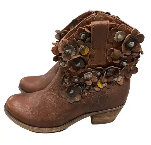 Sheridan Mia Brown Leather Floral Applique Side Zip Booties Boots Size 6