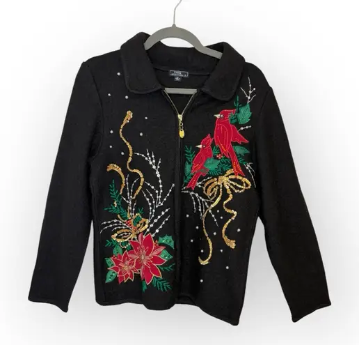 Vintage Wool Christmas Holiday Cardigan Black Embroidered Cardinals Poinsettia S