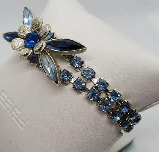 Vintage Blue  & Silver Rhinestone Flower Bracelet