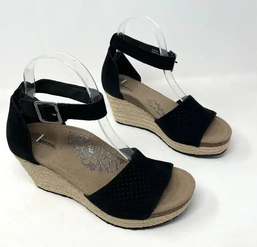 Aetrex Miley Black Suede Perforated Espadrille Wedge Ankle Strap Sandals Shoes 7