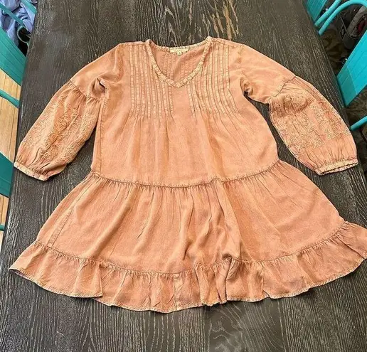 Solitaire Women's Boho A-Line Dress Tan/Pink Long Sleeve V-Neck Size S