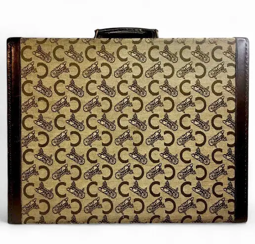 CELINE Brown Leather & Canvas and Horse Carriage Suitcase w/ Brass Locks Vintage