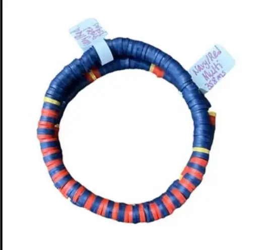Handmade Navy & Red Striped Heishi Bracelet Set Blue
