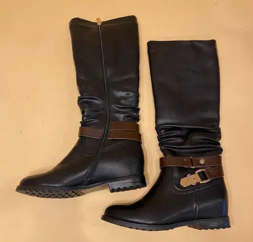 Camidy Black Brown Ruched Leather Below the Knee Riding Boots Size 6