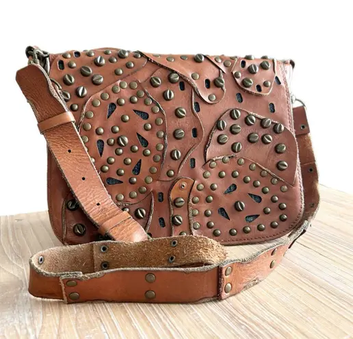 Patricia Nash Rosa Brown Leather Studded Saddle Messenger Crossbody Bag