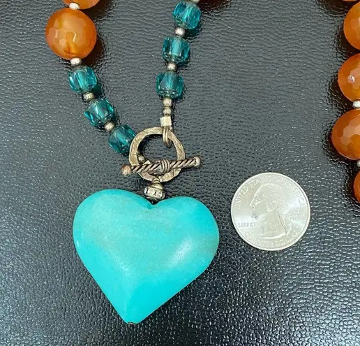 Handmade Agate Stone Crystal Faux Turquoise Heart Pendant Toggle Chunky Necklace