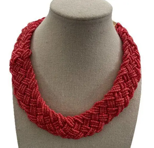 Vintage Red Color Seed Bead Multi strain Braid Beaded Collar Choker Necklace 17”