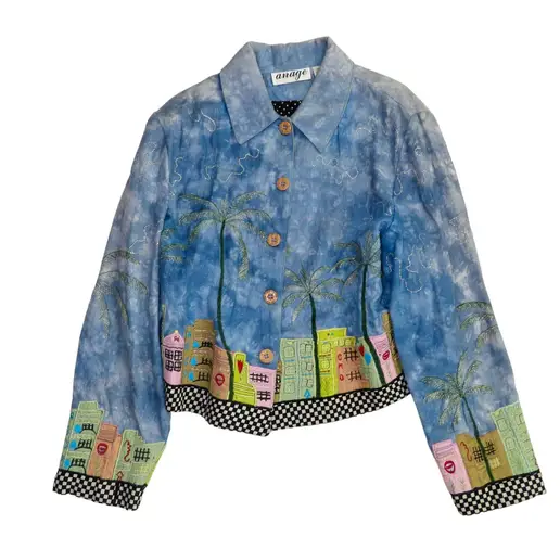 Funky 1990s Vintage Art To Wear Quirky City Scape Retro Jacket Small Blue