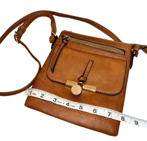 Brown Tan Leather Crossbody Design Bag Purse Gold Detail Square Style Adjustable