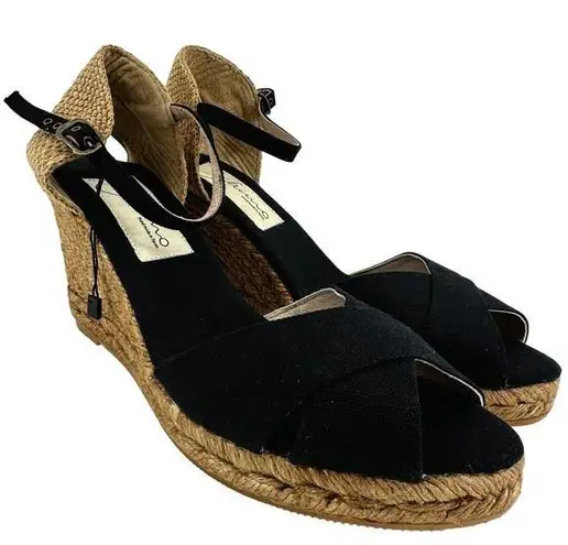 Gaimo Espadrilles Wedge Sandals Cross Strap Peep Toe Ankle Strap Black 10.5 NWOT