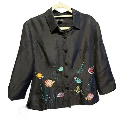 Vintage Silkland Women’s Black Embroidered Fish 100% Silk Jacket Blazer … Size 10