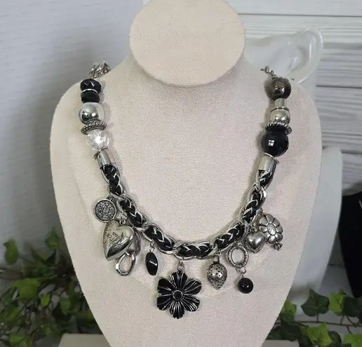Silver and Black Charm Necklace Mixed Media