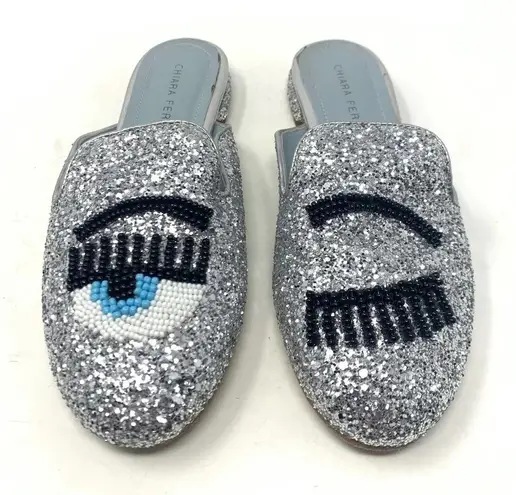 Chiara Ferragni Flirting Silver Glitter Beaded Flat Mules Size 36 / US 6