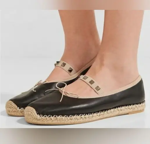 Valentino Garavani Black rockstud leather ballerina flat espadrilles Size 39