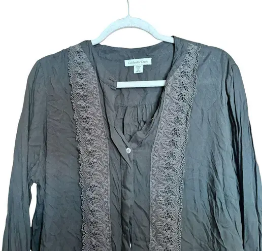 Coldwater Creek Top Womens 2X 20 22 Green Crochet Trim Button Up V Neck Blouse