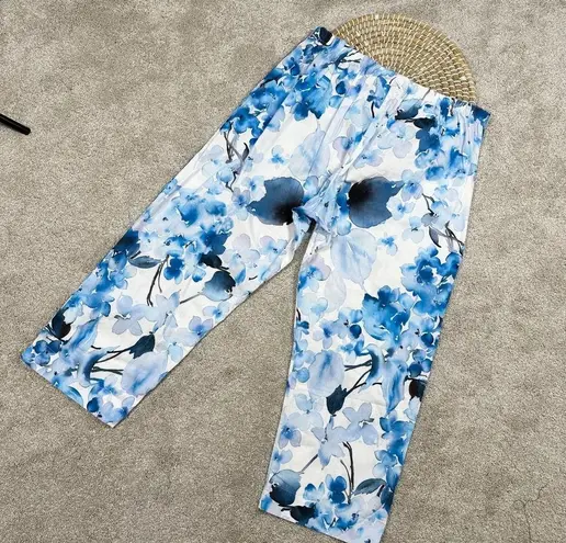 Bryn Walker Fioro Cotton Print Blue White Capri Cropped Pants Coastal Size XL