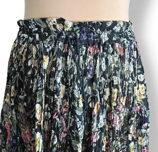 Vintage 90s Black Dark Floral Crinkle Maxi Skirt Pleated Semi Sheer Tie Waist Size L