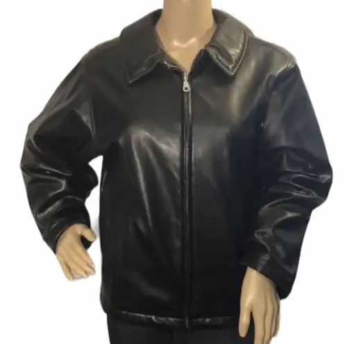 Vintage 1990s Y2K Andy Johns Faux Leather Black Bomber Jacket Medium Runs Small Size undefined