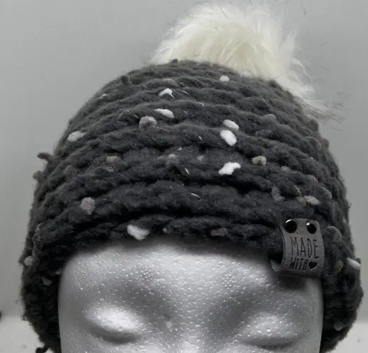 Handmade  crochet Beanie. Dark gray with white flecks and white‎ pom pom. New