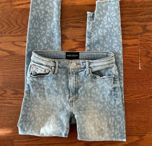 BLACK ORCHID Miranda Off Step High Rise Skinny Jeans Cheetah Print Size 25 Luxe Blue
