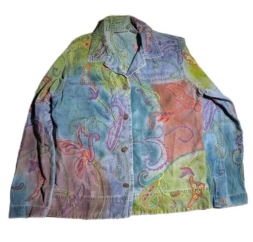 Vtg 1990s Chico's Watercolor Dye Floral Embroidered Blue Cotton Denim Jacket 1 M Size M