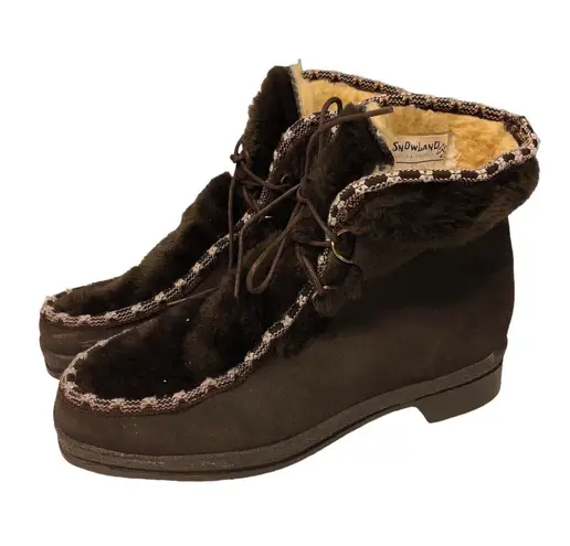 Snowland Brown Suede Leather Faux Fur Boots Sherpa Lined England Womens 8 Vtg